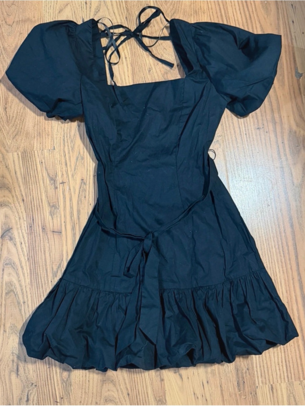 B. Darlin Black Square Neck Puff Sleeve Tie Back Bubble Hem Mini Dress 3/4